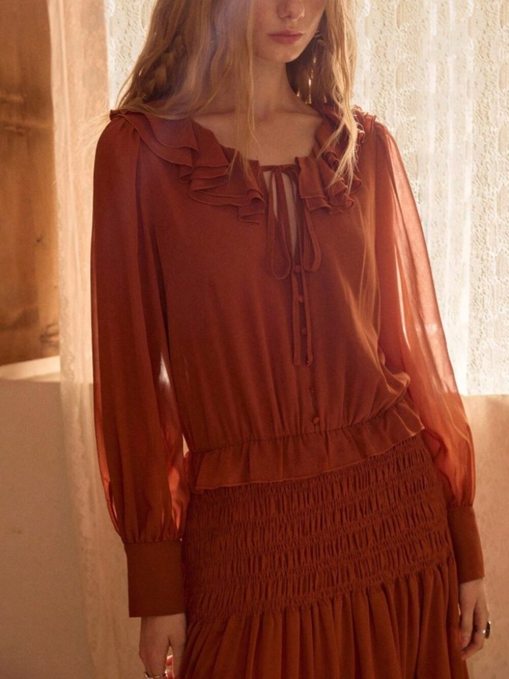 Rust Brown Ruffle Collar Smocked Maxi Dress - Picture 3 of 7